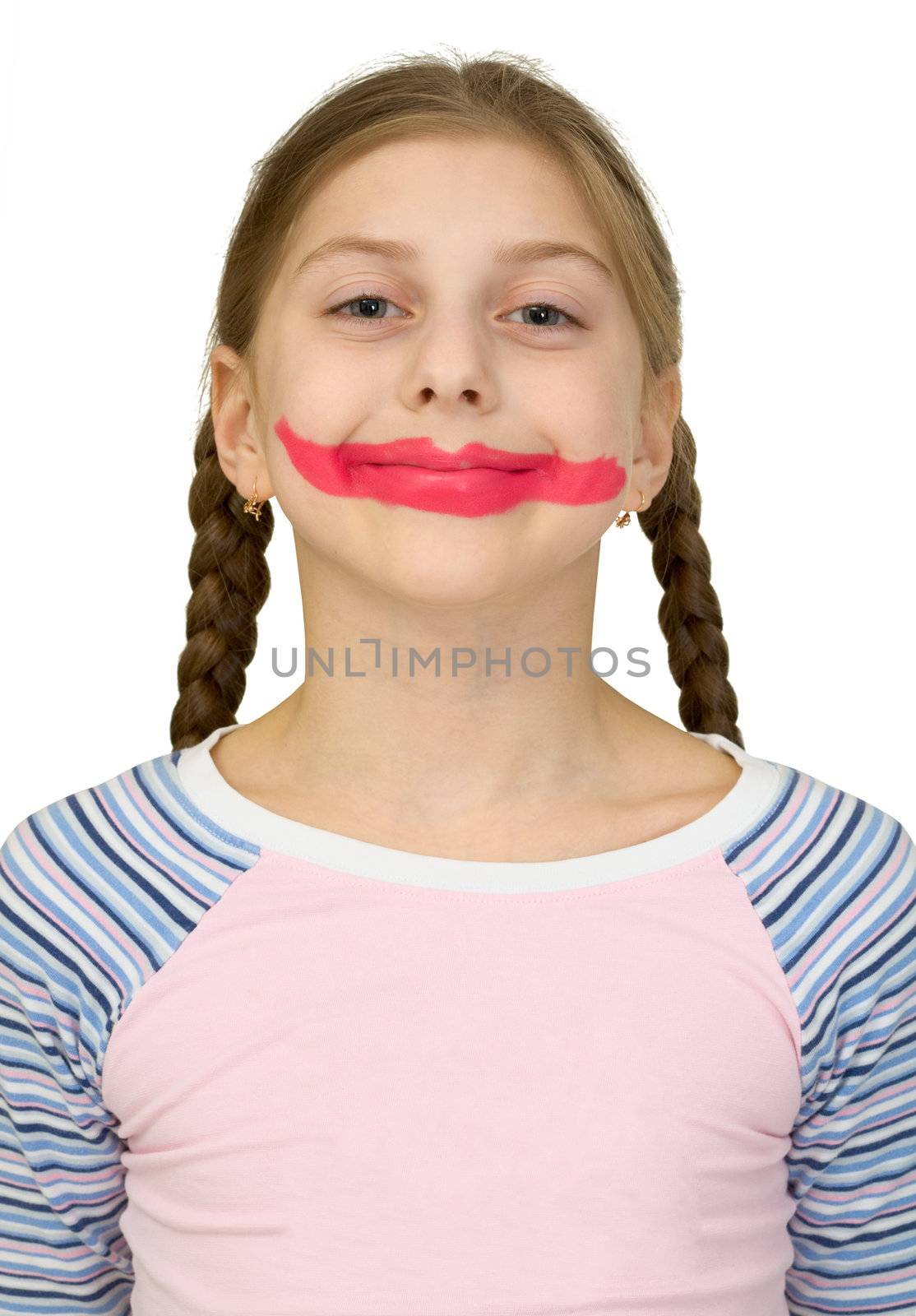 Girl with clown smile on the white background