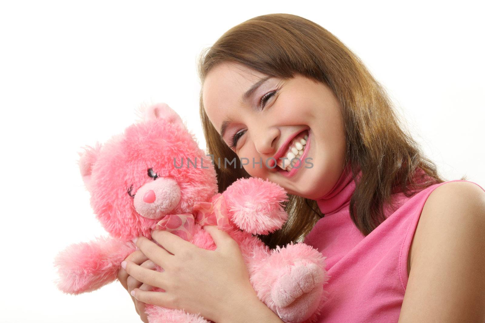 The girl with a pink teddy bear