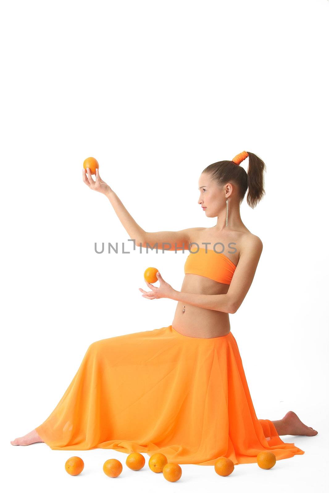 The girl in an orange dress with oranges