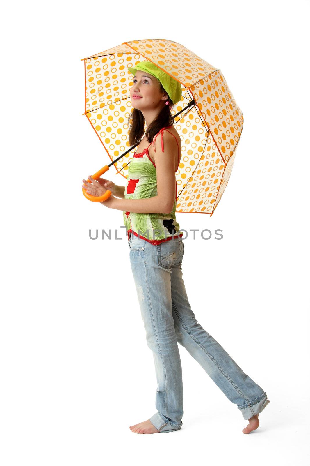 The girl in blue jeans with an umbrella