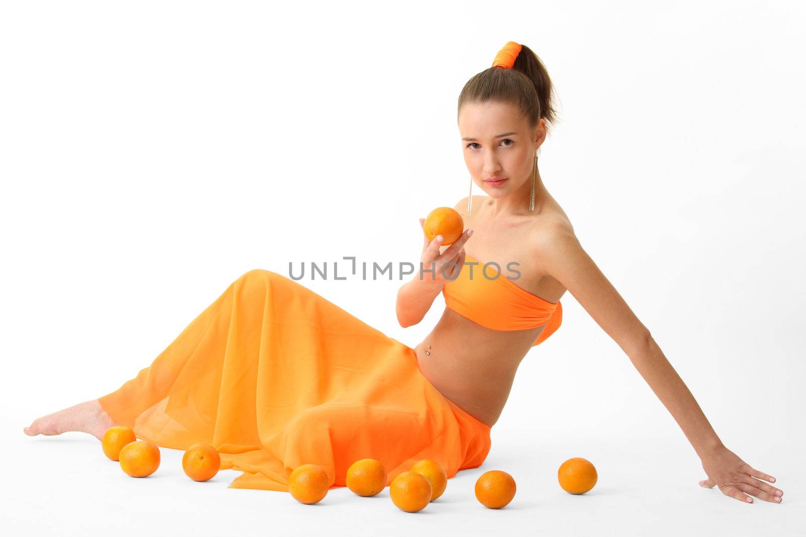 The girl in an orange dress with oranges