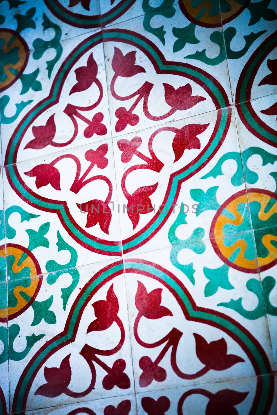 Close-up of floor tiles of an historical building in Khao Lak, Thailand - travel and tourism.