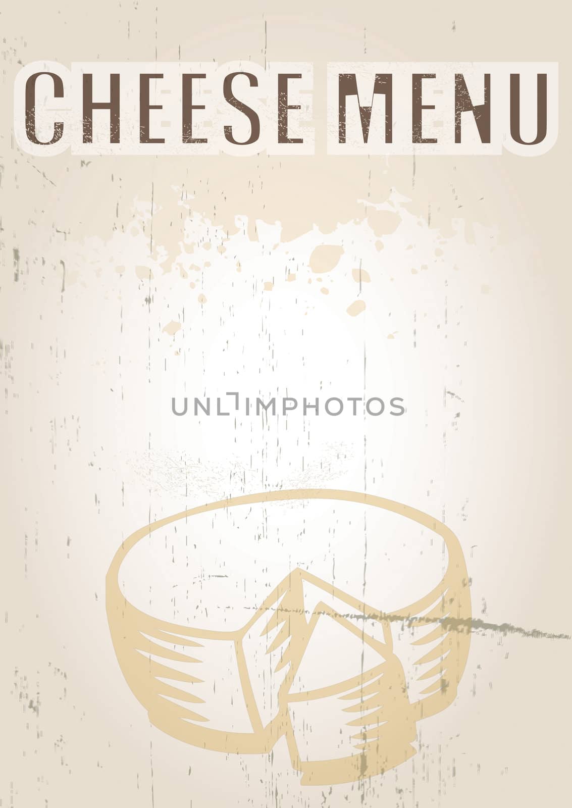 A portrait format image of a menu cover or menu board with text spelling spelling cheese menu Set on a grunge styled background. Ideal use for a restaurant, cafe or bistro.