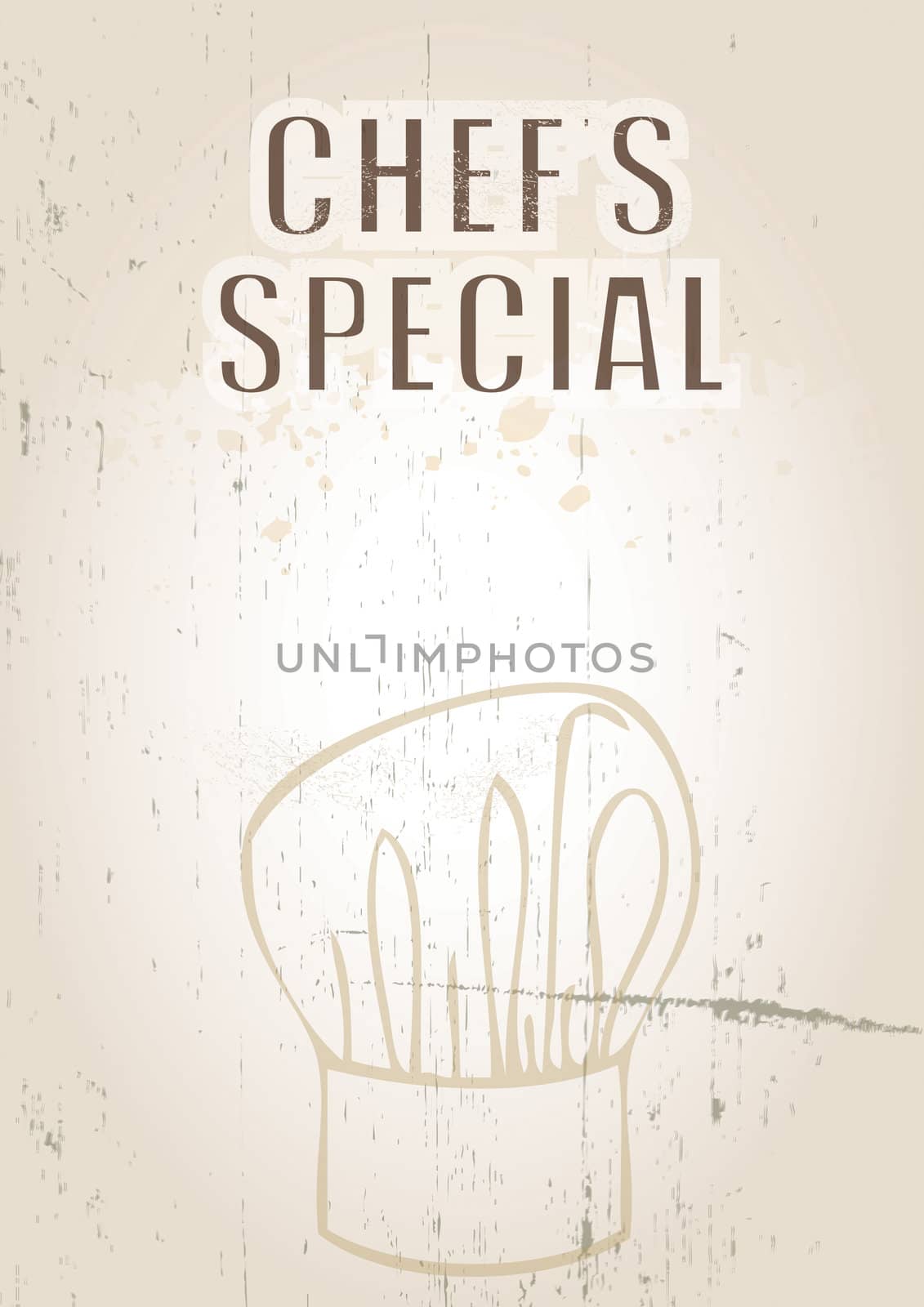 A portrait format image of a menu cover or menu board with text spelling spelling out chef's special. Set on a grunge styled background. Ideal for restaurant pr cafe use.