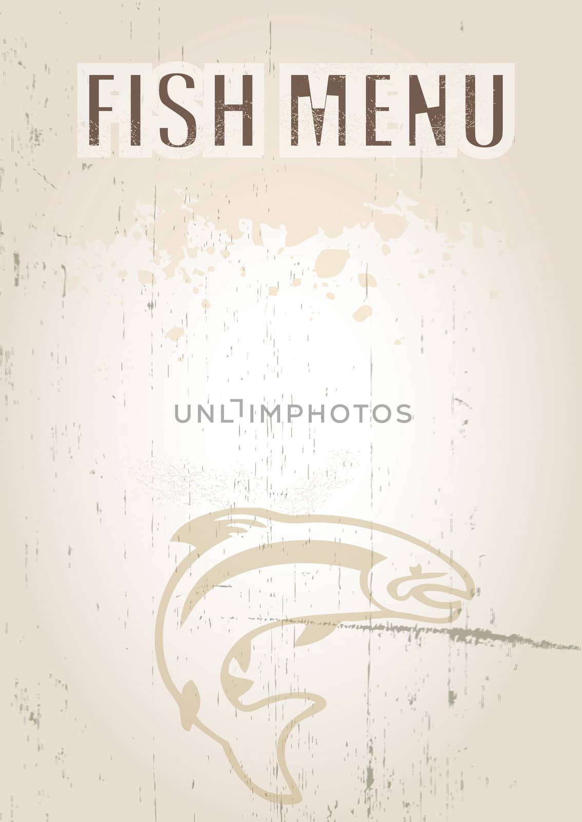 A portrait format image of a menu cover or menu board with text spelling spelling fish menu Set on a grunge styled background. Ideal use for a restaurant, cafe or bistro.