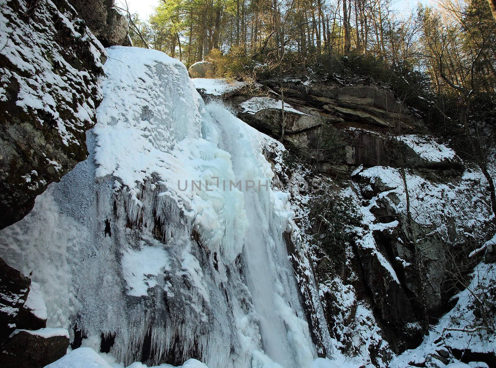 View along the Jacobs Fork River at South Mountain State Park after a snow fall