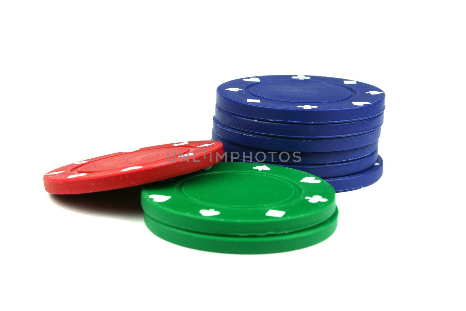 stacks of poker chips isolated overwhite