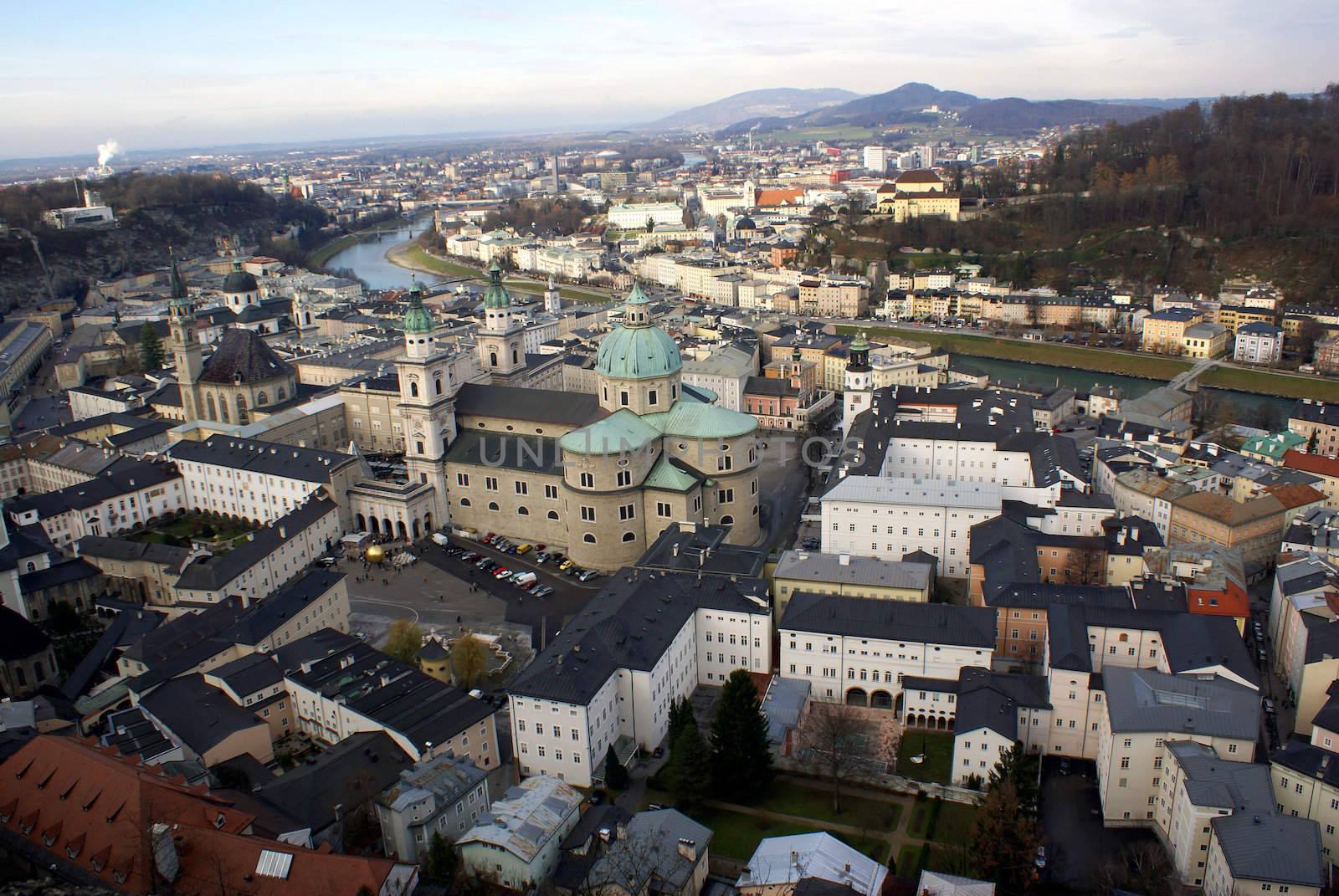 Aerial view of the historic city center of Salzburg