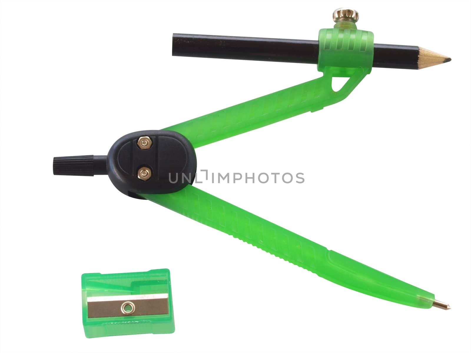 Green Compass and Pencil Sharpener isolated with clipping path      