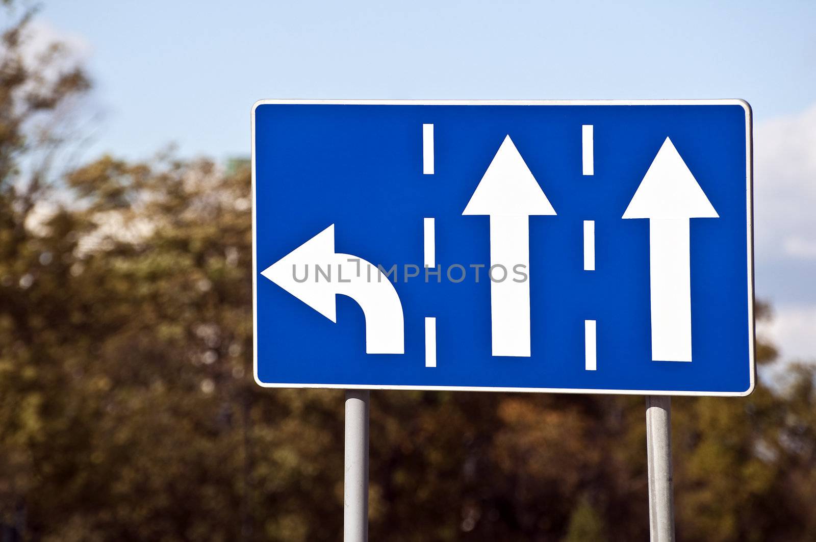 Three-lane traffic sign, left turn and straight arrows.