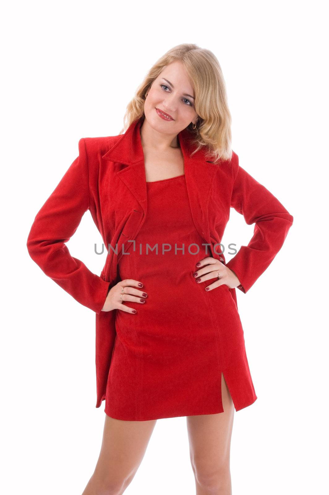 The young woman in a red coat, isolated on white background