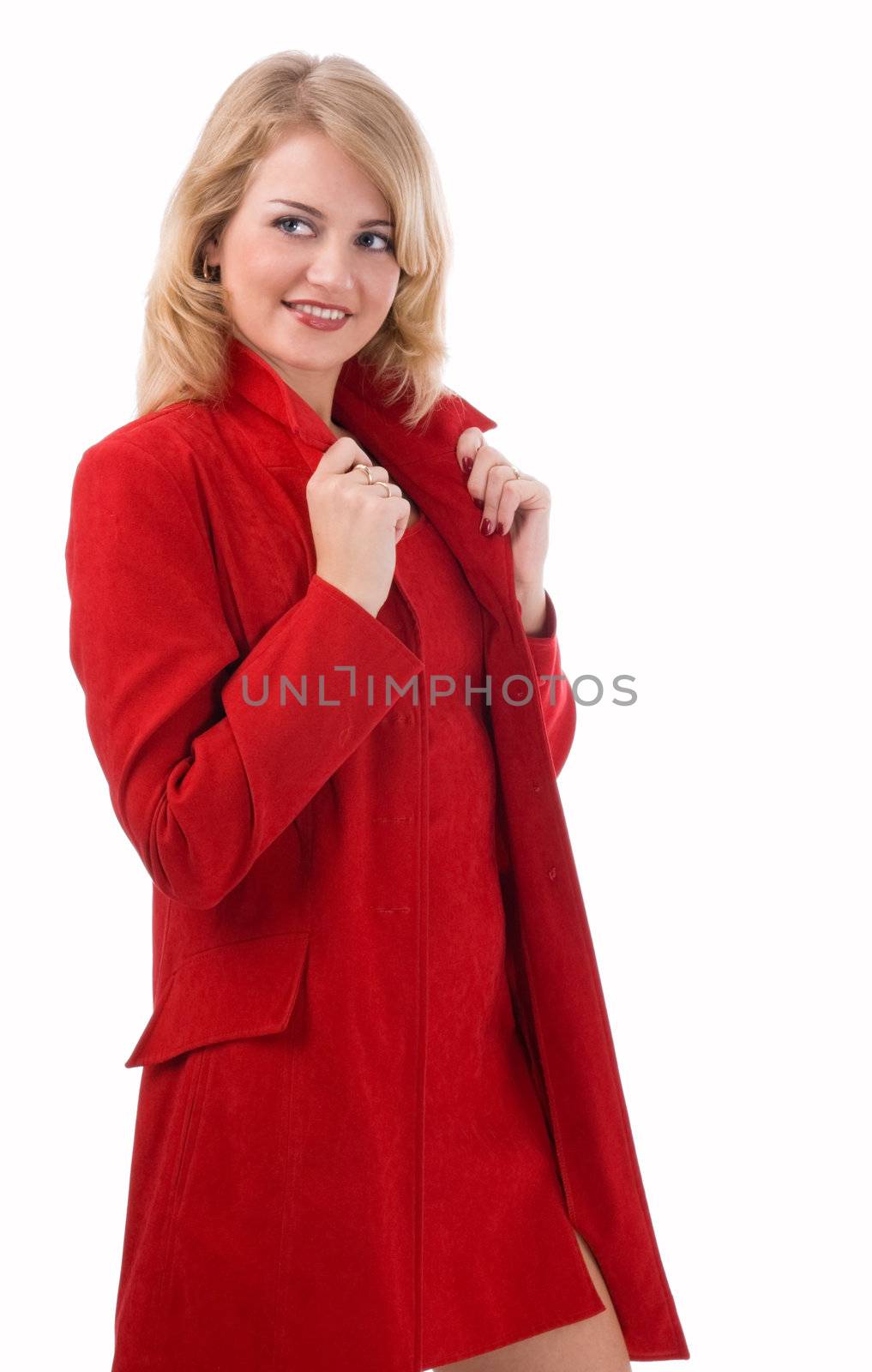 The young woman in a red coat, isolated on white background