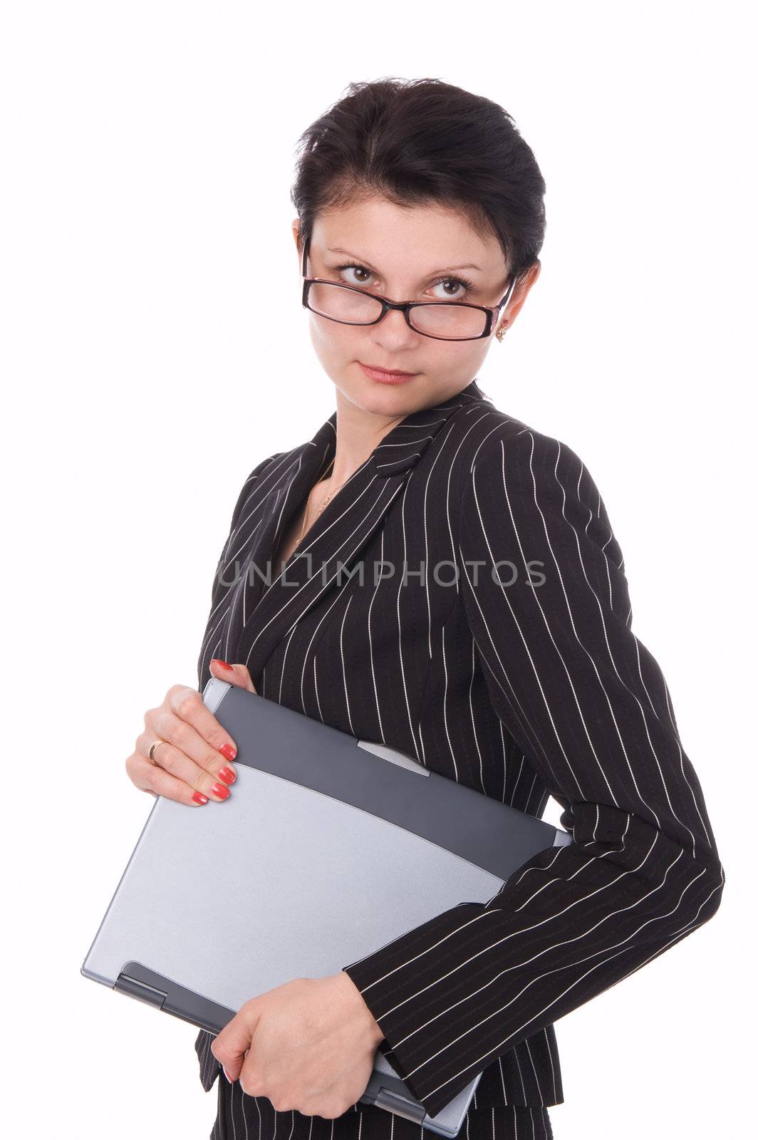 The woman with notebook on white background