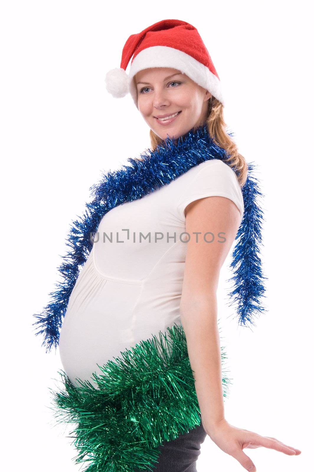The pregnant woman in a suit of a Snow Maiden