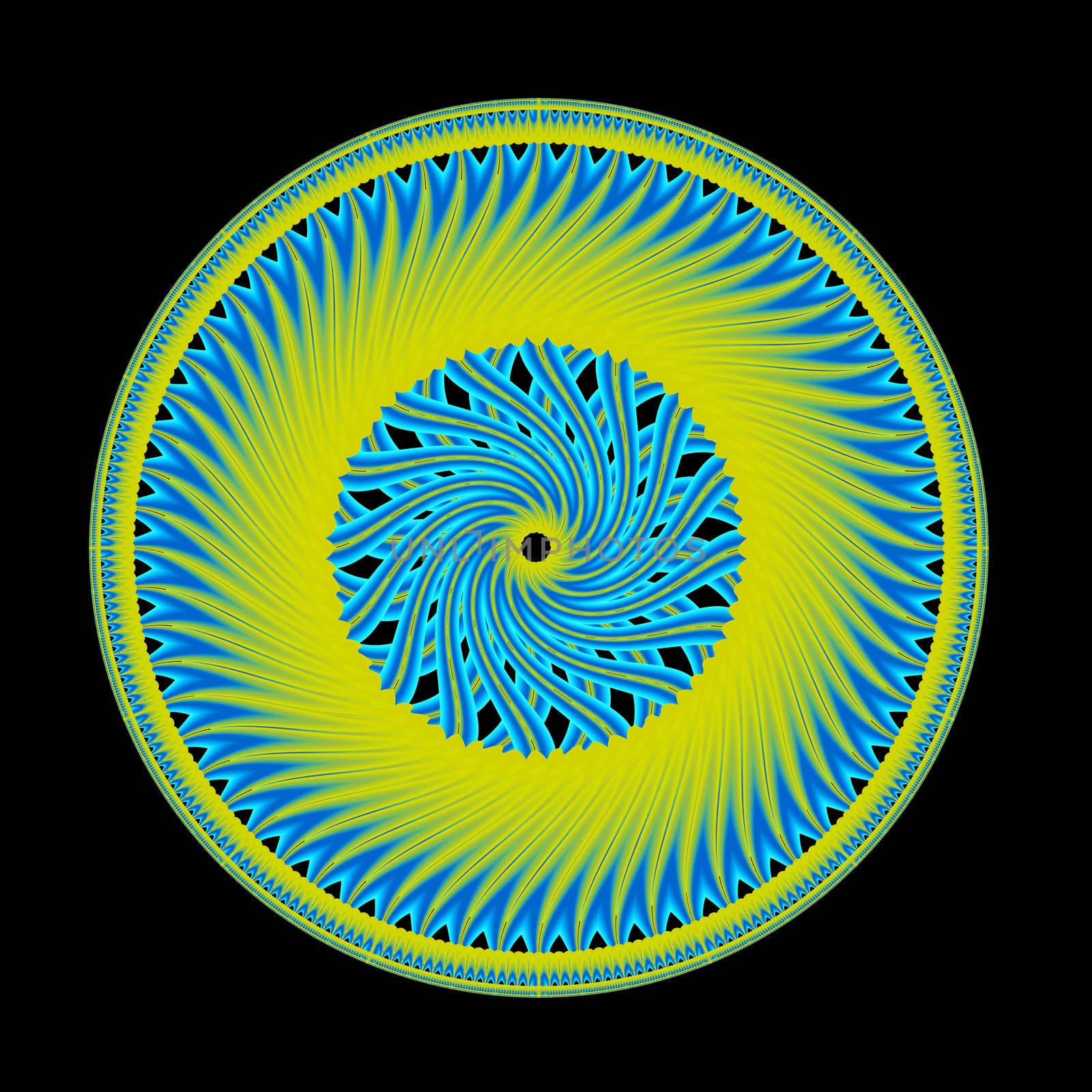 A circular fractal done in shades of green and blue floating on a black background.