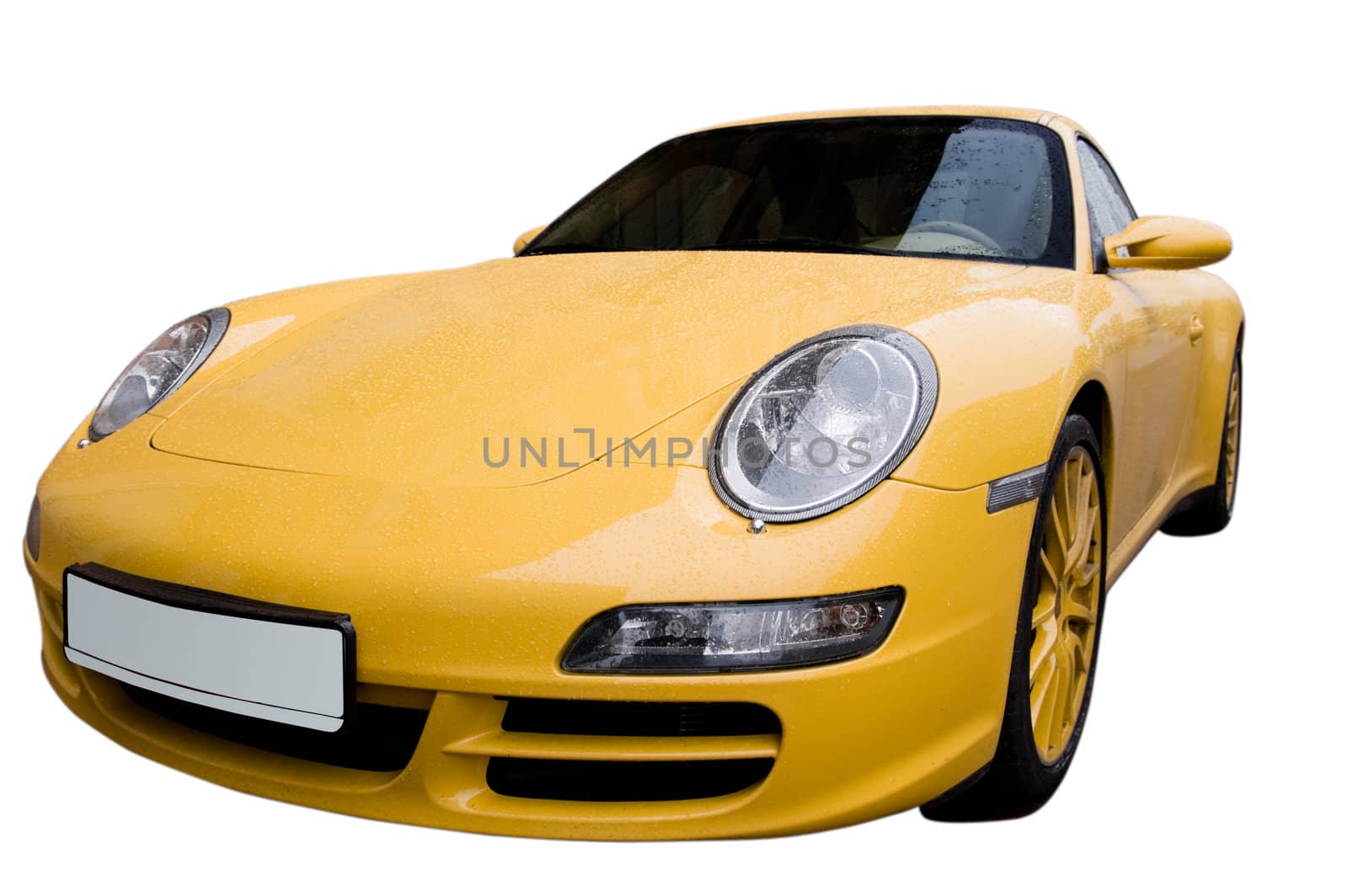 The wet yellow car isolated on a white background.