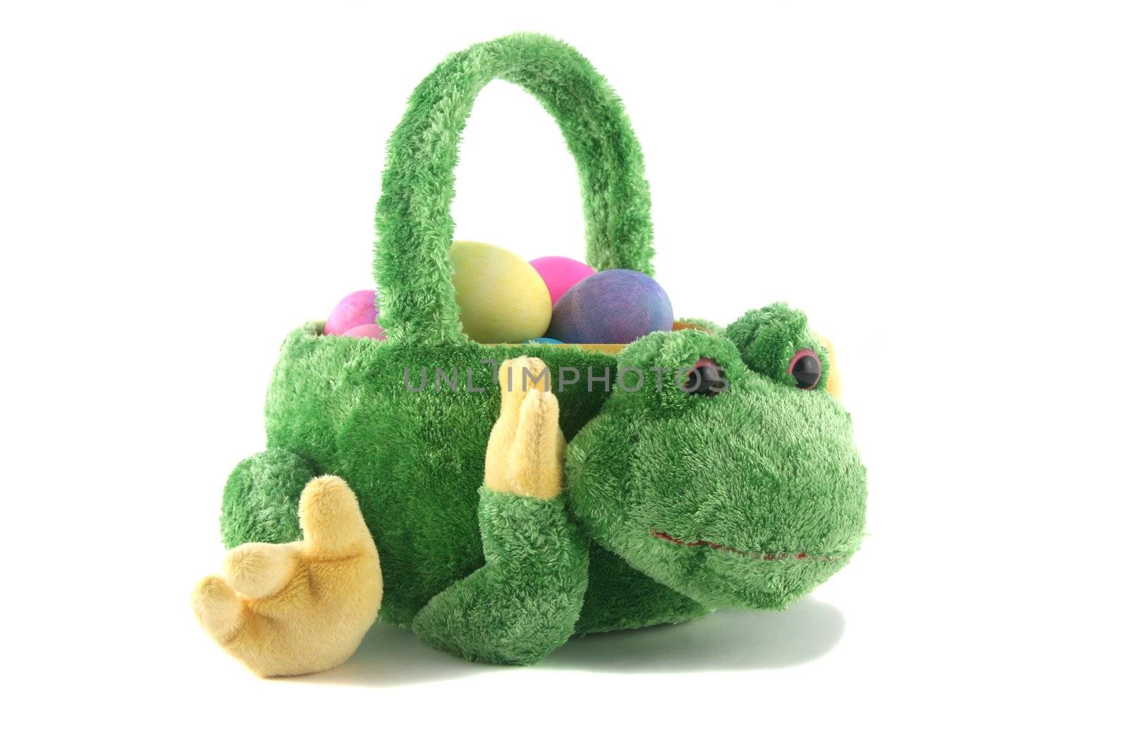 Easter egg basket in the shape of a frog with eggs in it