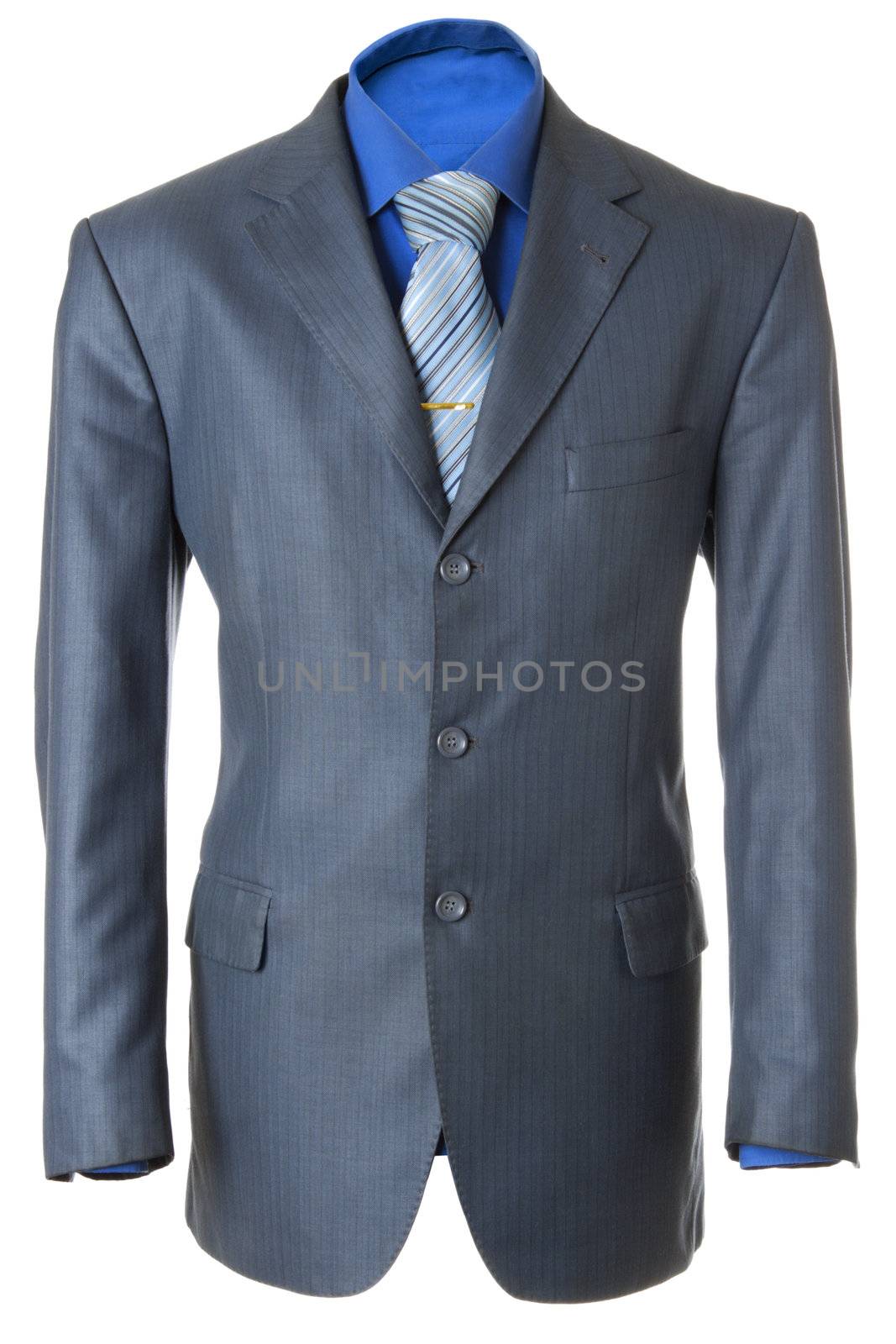 Empty blue office wearing for manager. Also blue shirt, necktie and golden clip. Isolated over white