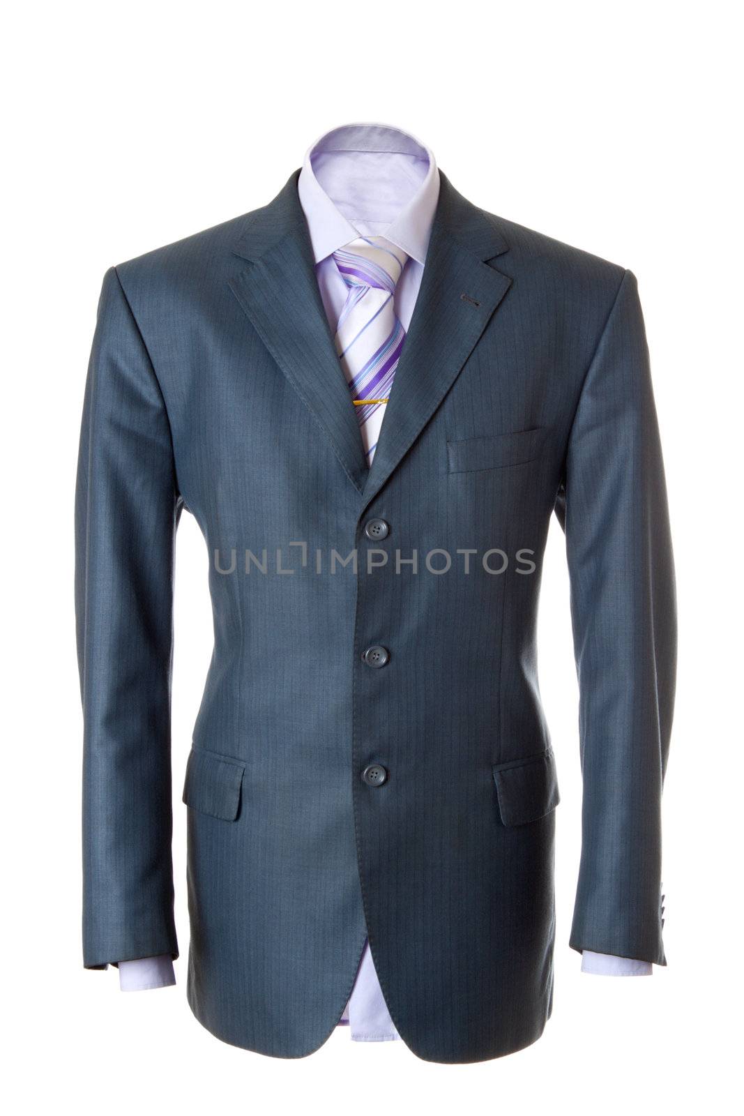Empty blue office suit. Also lilac shirt, necktie and golden clip. Isolated over white