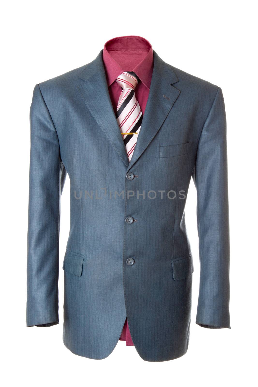 Empty light office jacket for manager. Also red shirt, necktie and golden clip. Isolated over white