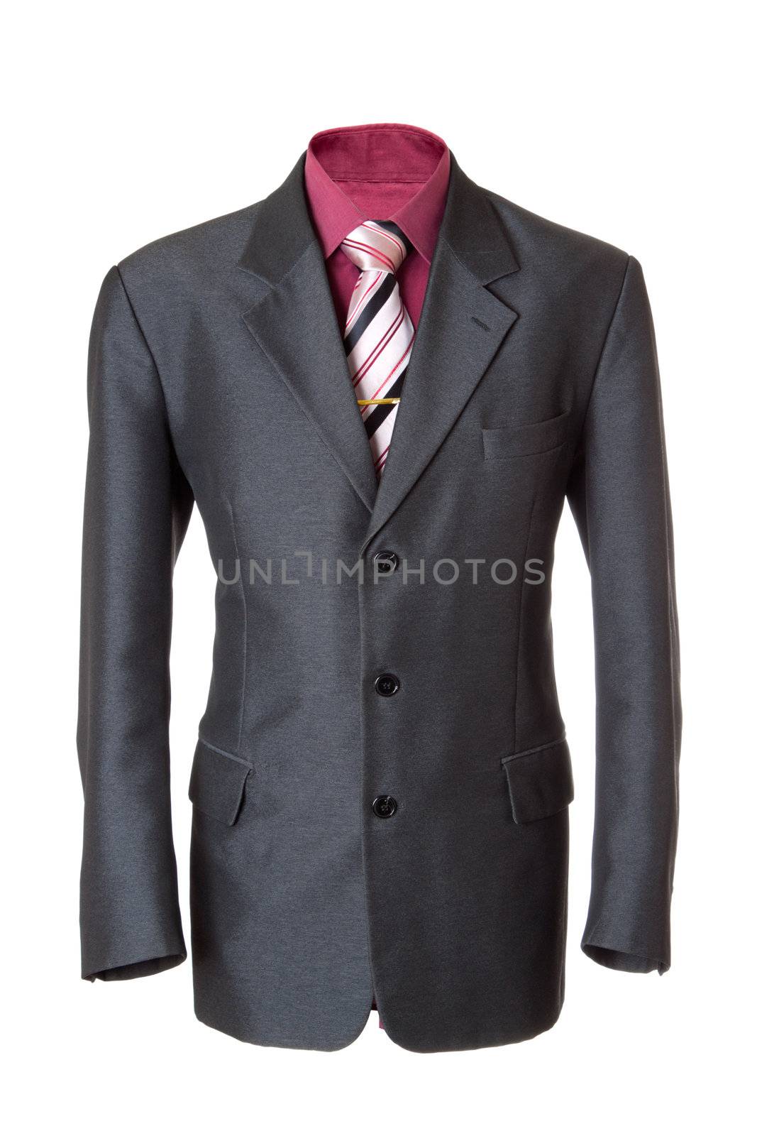 Empty grey office suit. Also red shirt, necktie and golden clip. Isolated over white