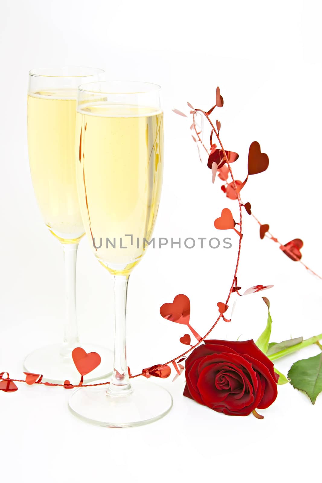 On white champagne glasses and a red rose.
