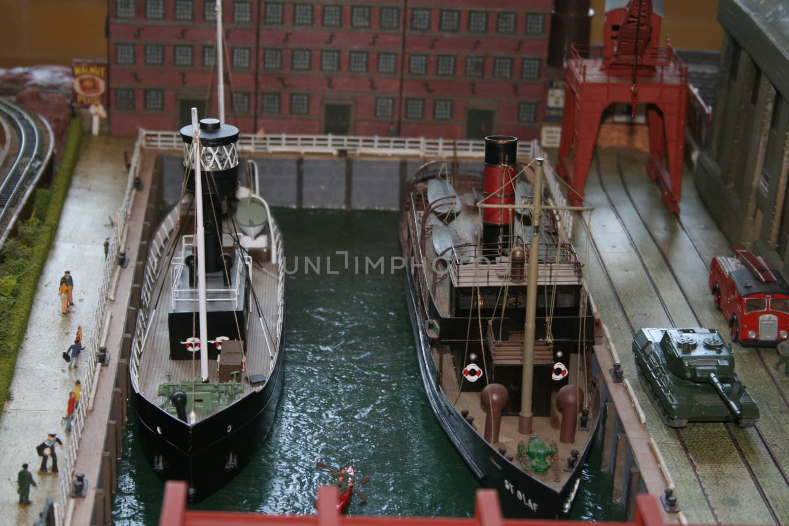 model ships and tank in a model harbour