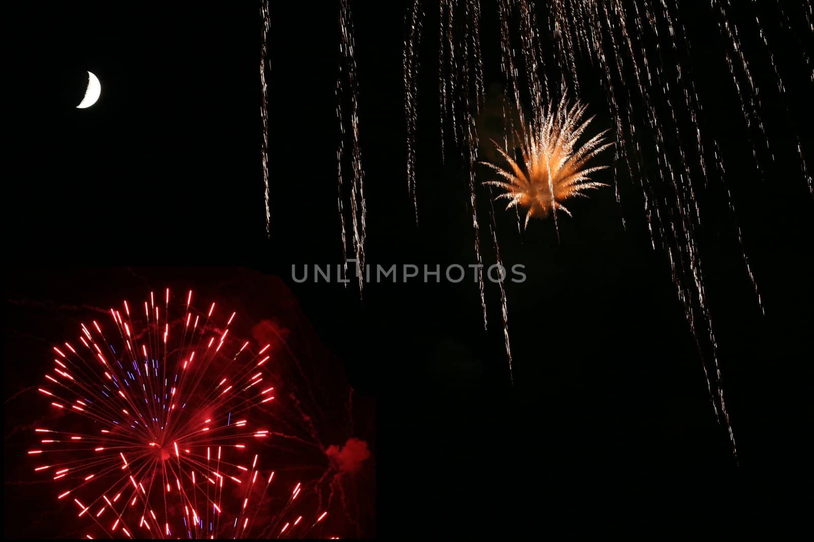 Fireworks falling from heaven with moon in the sky