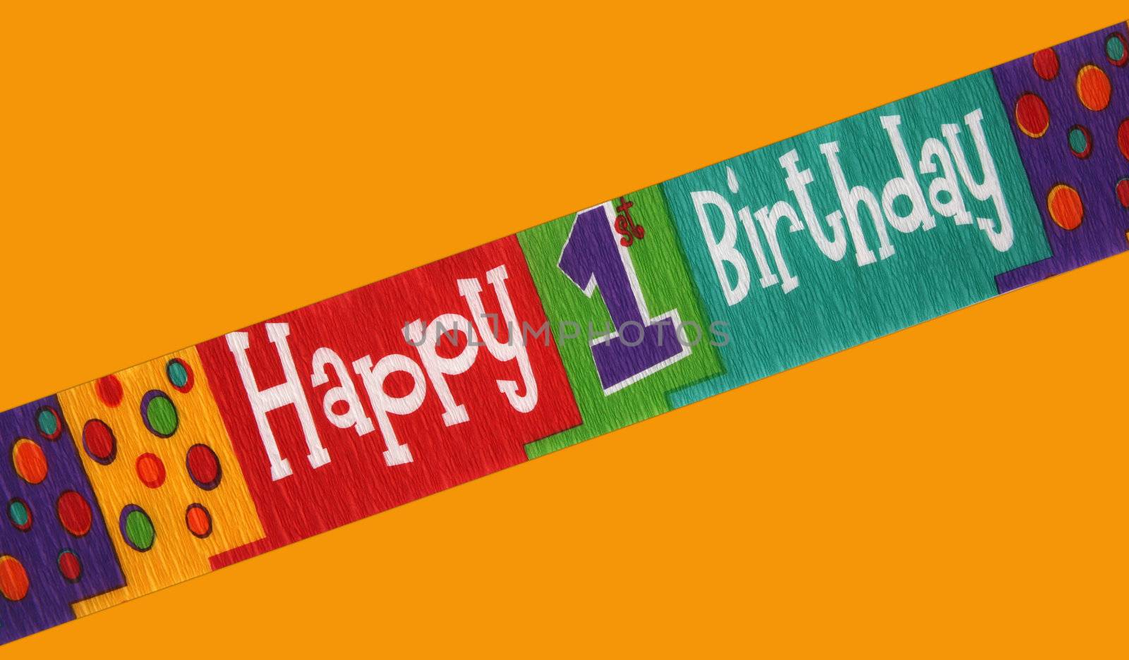 Banner stating happy first birthday isolated on a color background