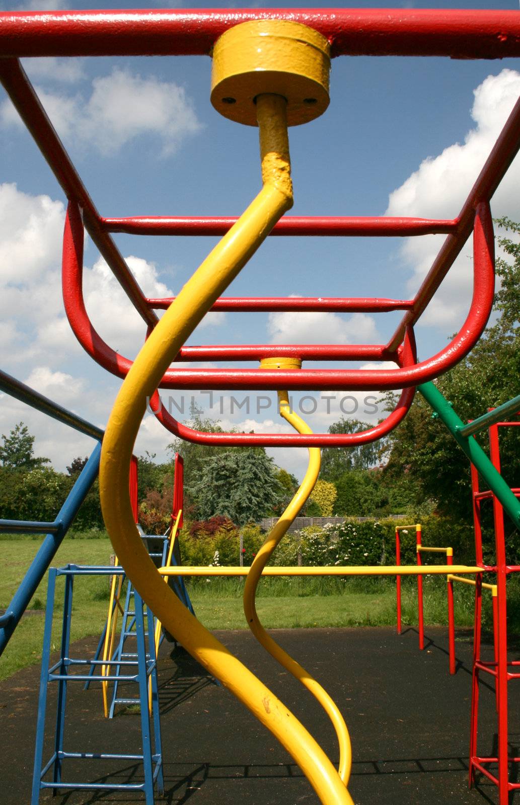 bright coloured climbing frame take from the end showing the spirals