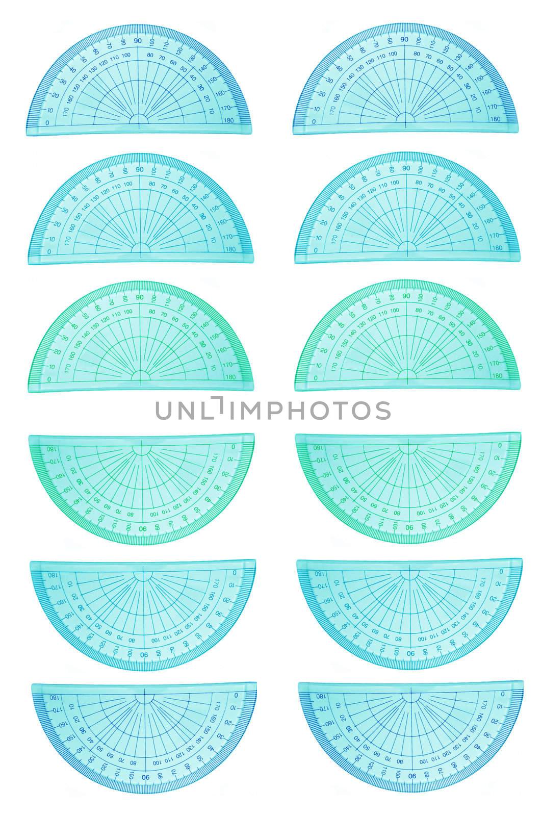 Many protractors arranged in regular pattern over white.