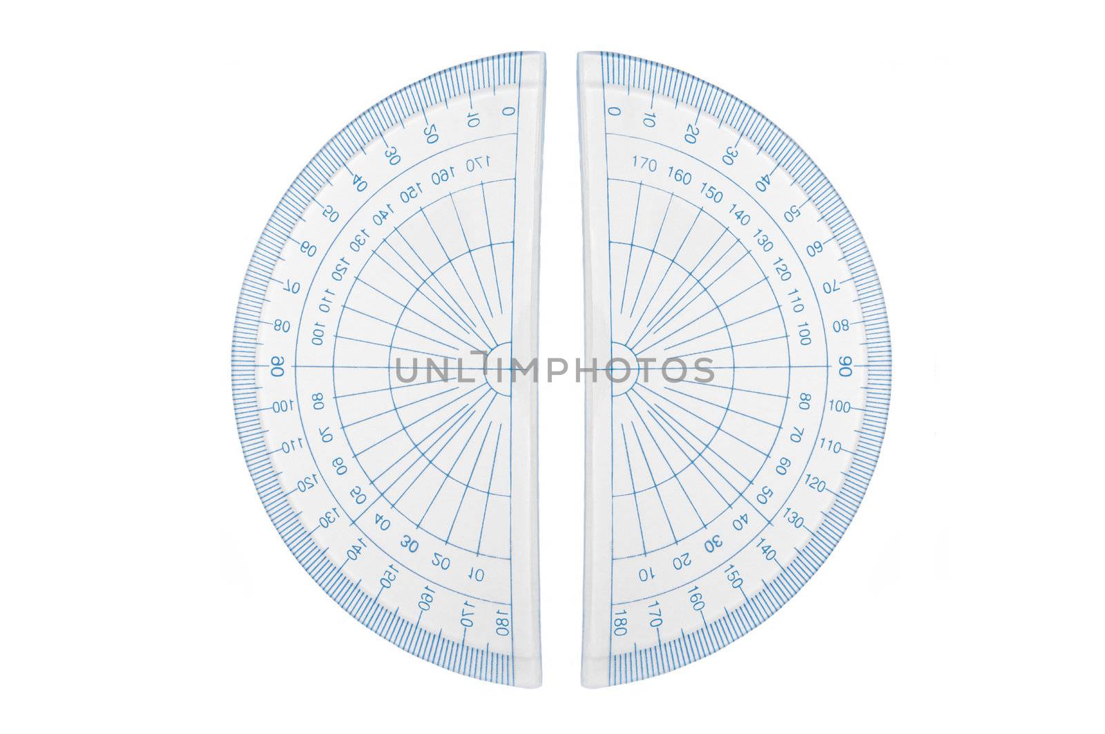 Close up capturing two protractors arranged over white.