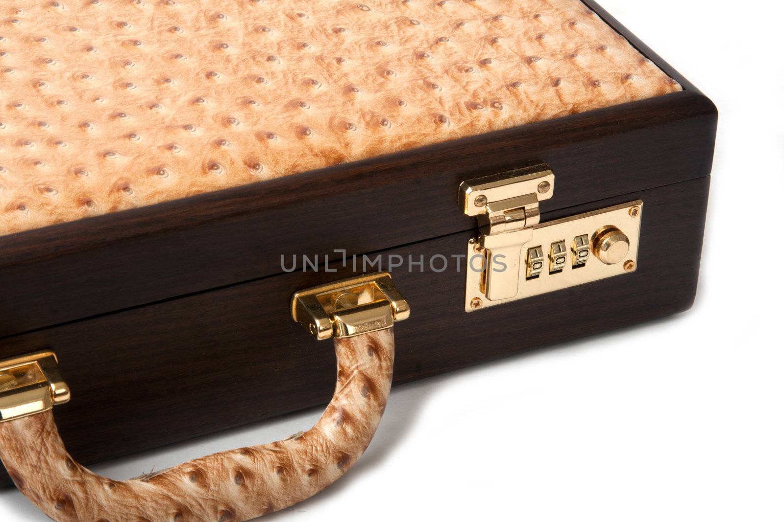 A wooden Walnut and Ostrich leather Brief Case with combination lock