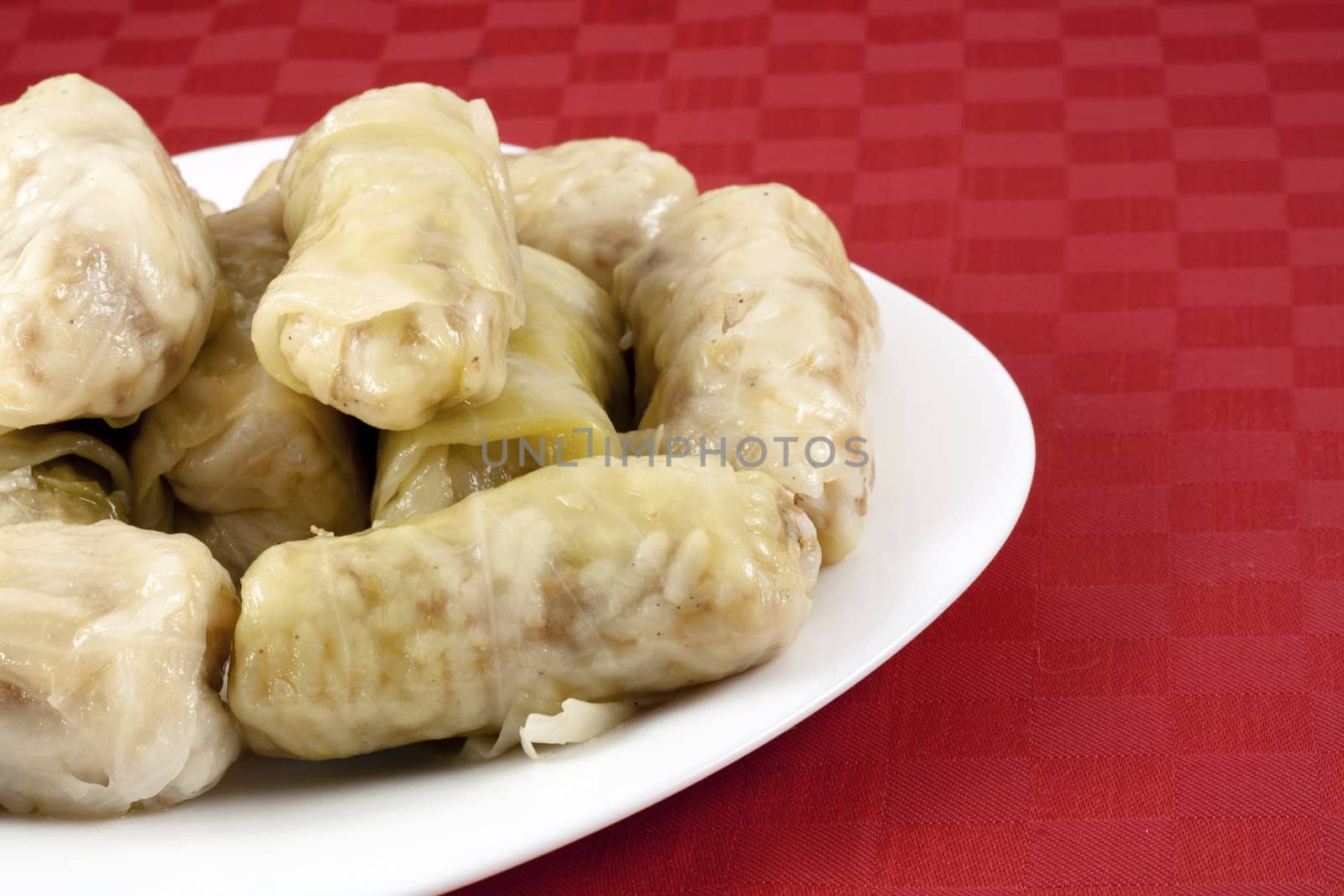 Cabbage rolls (sarma) stuffed with rice and meat.