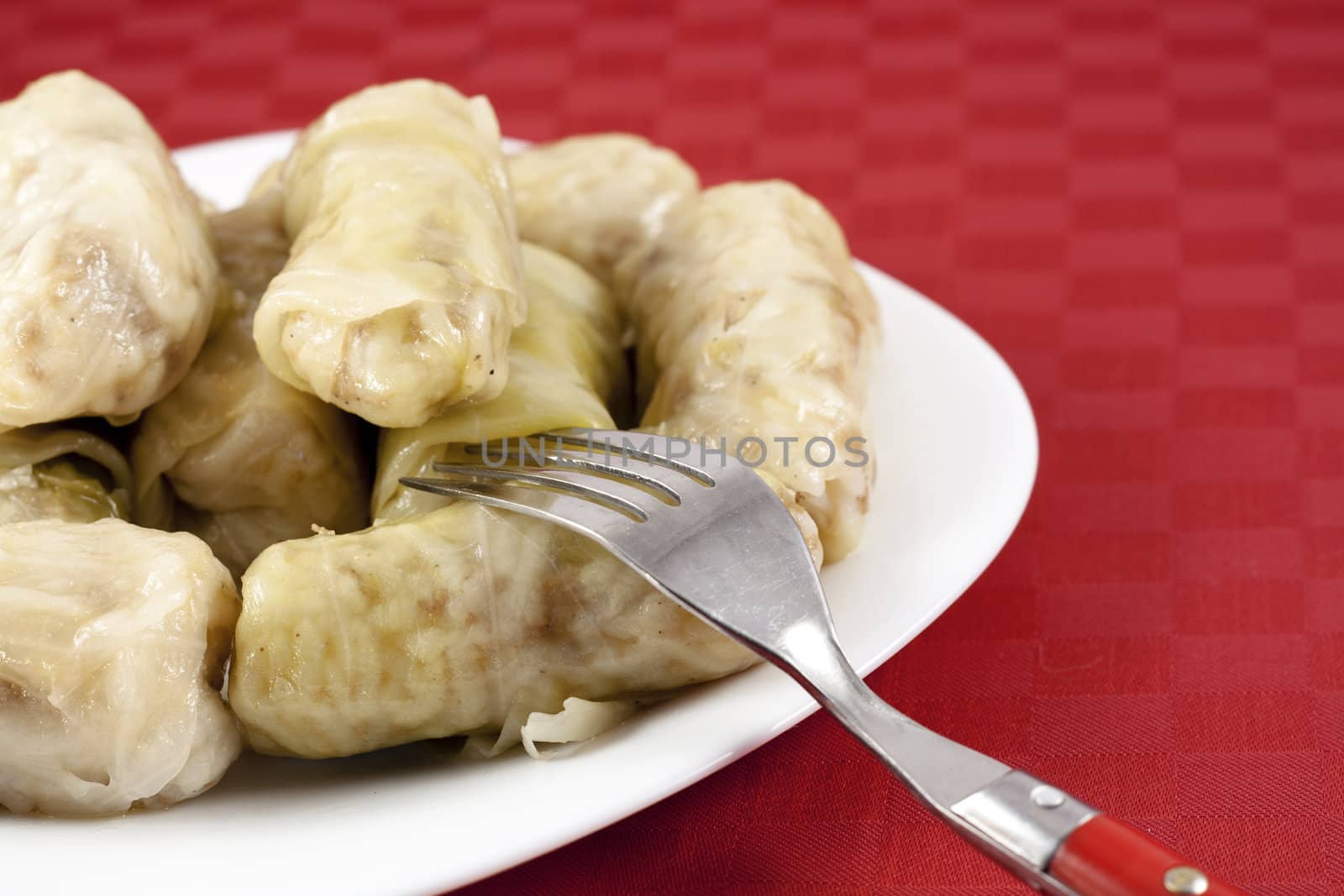 Cabbage rolls (sarma) stuffed with rice and meat.