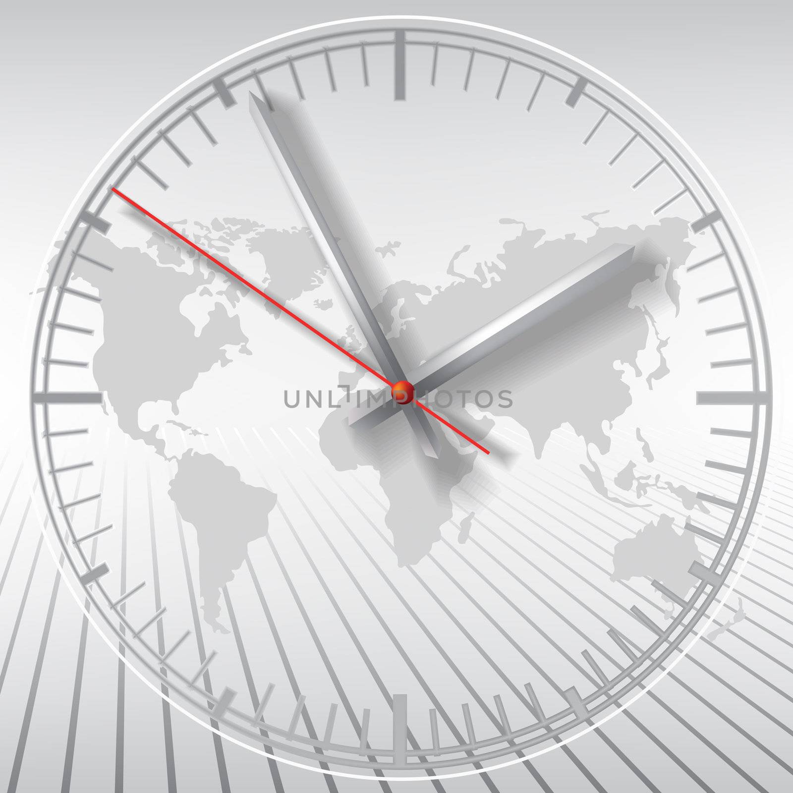 Grey clock on world map abstract background