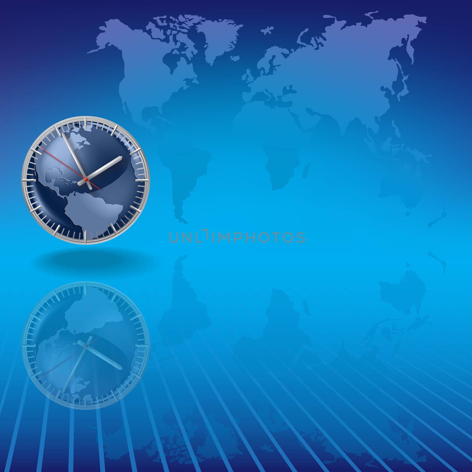 Abstract blue background with clock and earth map