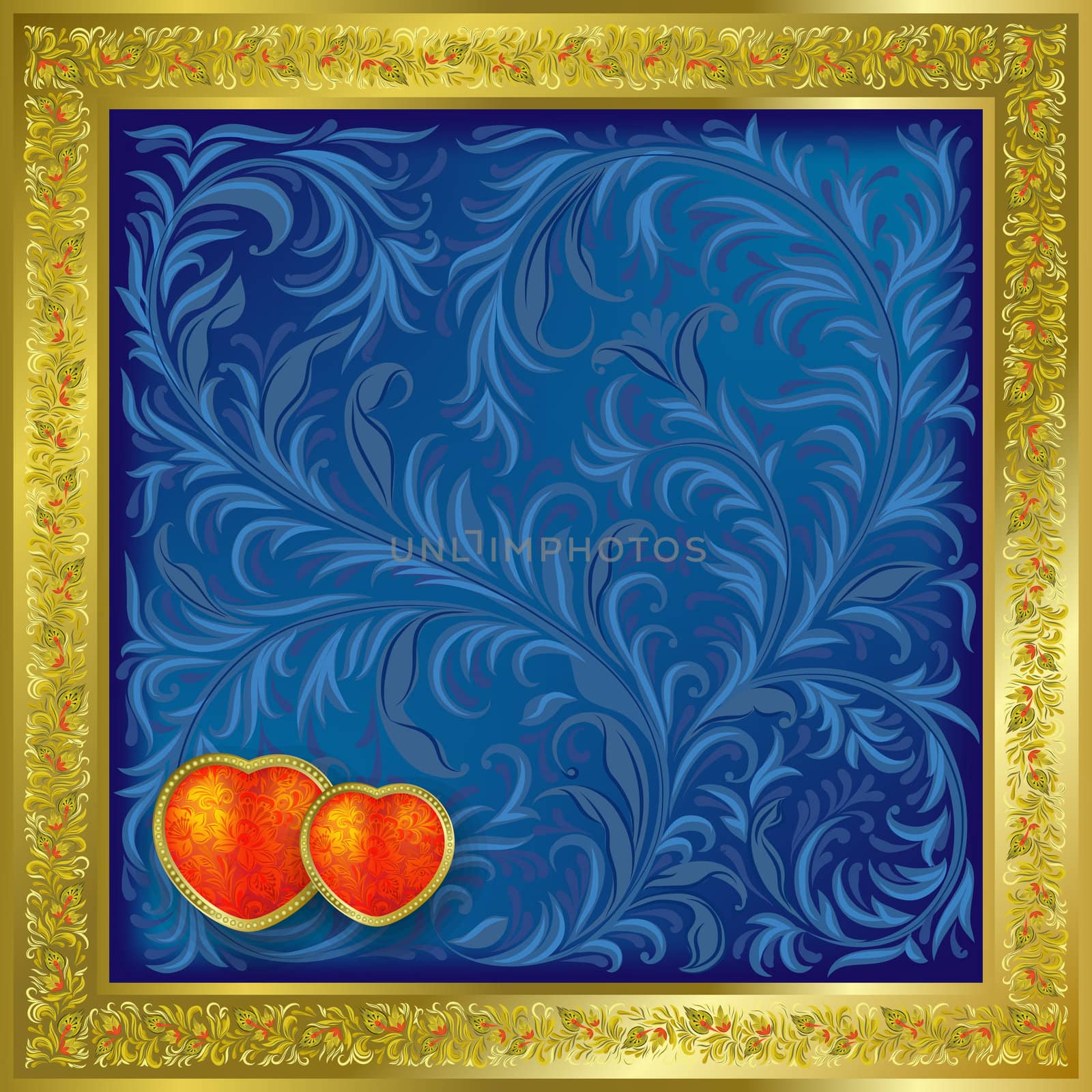 Valentines blue greeting with red hearts and gold floral frame