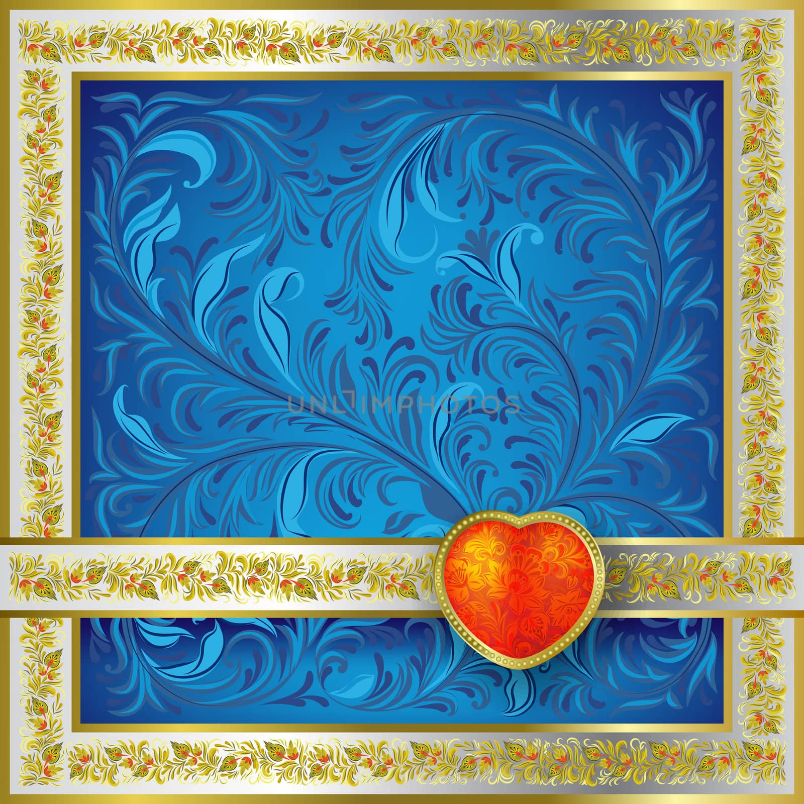 Valentines blue greeting with red heart and gold floral frame