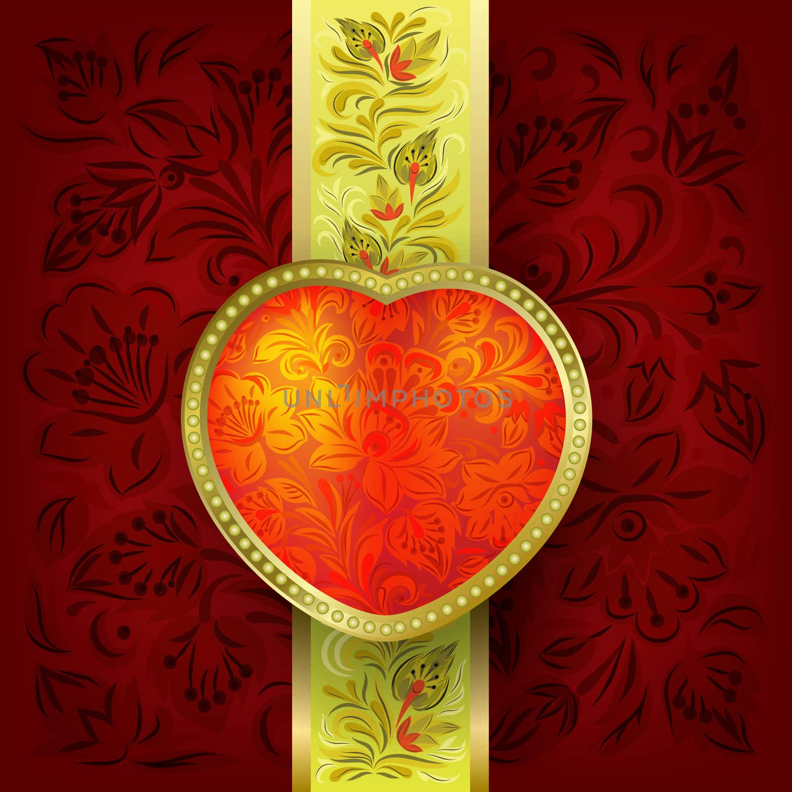 Valentines greeting with heart on red floral ornament