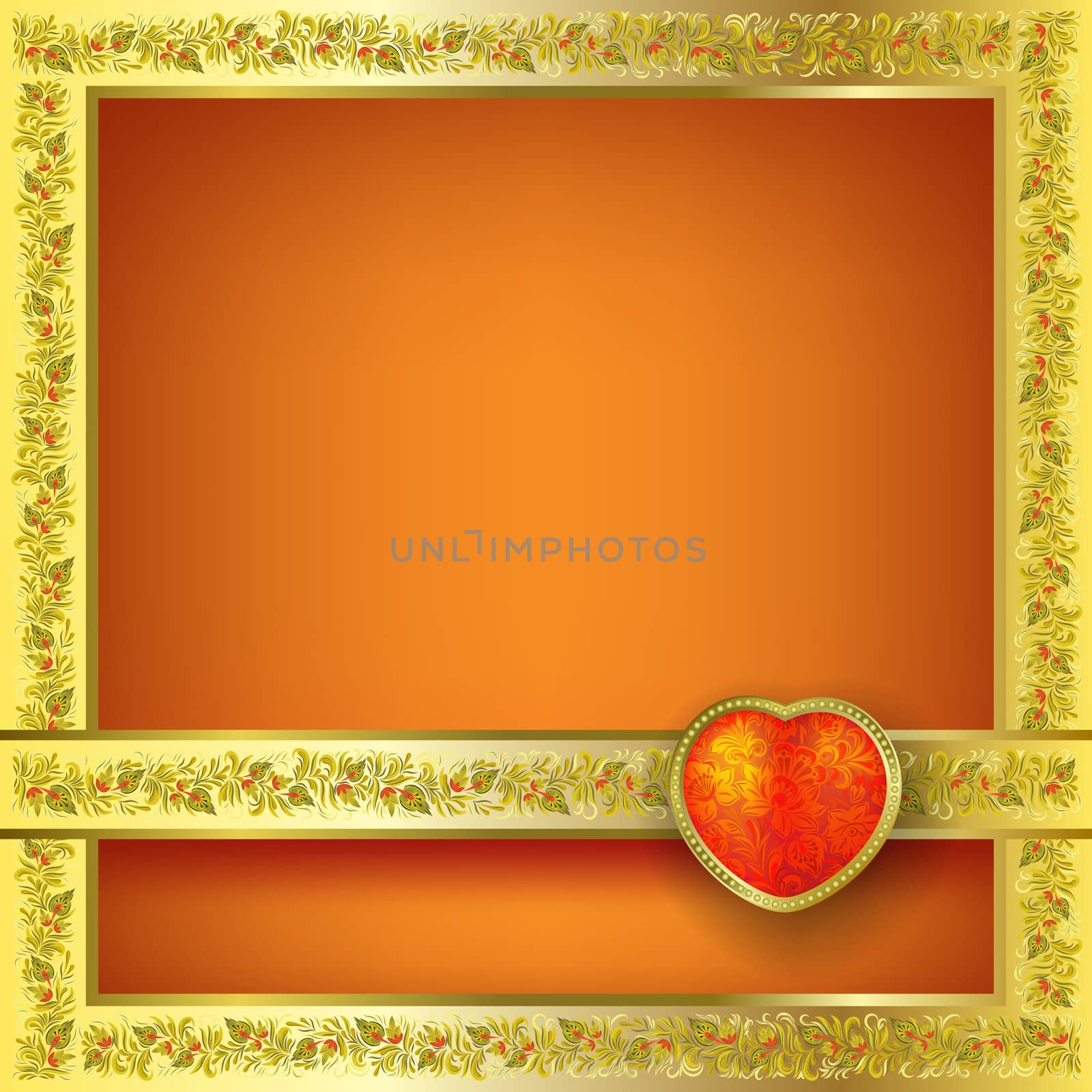 Valentines greeting with red heart on orange floral background