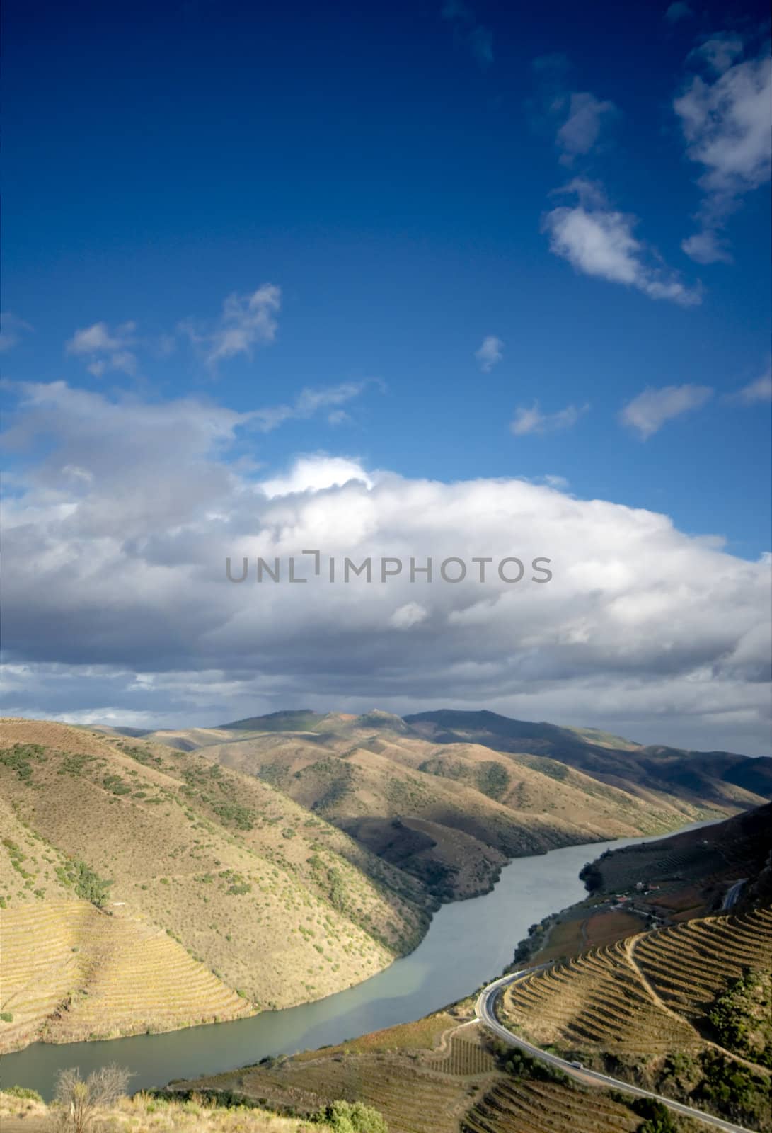 Douro valley, near Foz-Coa, with road by the river