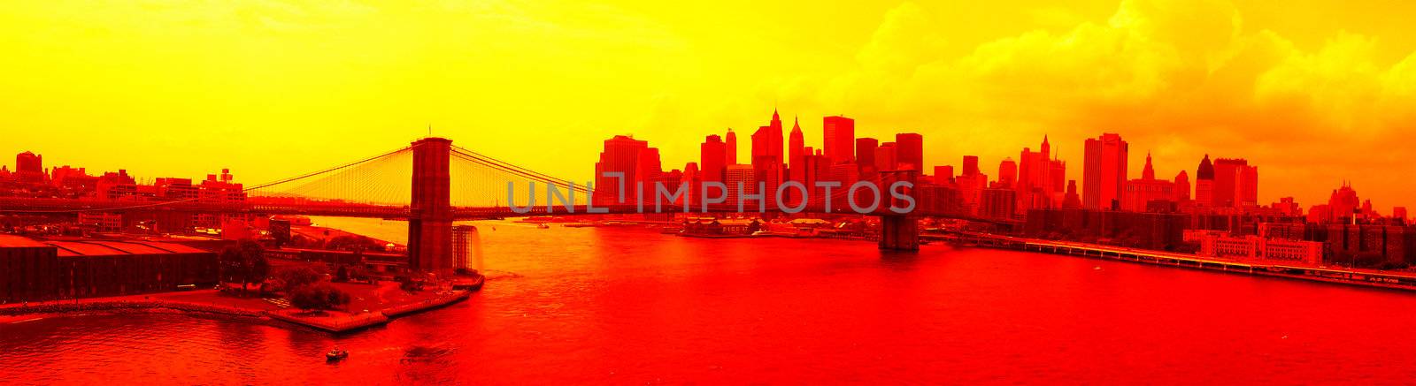 colored panorama picture of new york, brooklyn bridge and lower manhattan