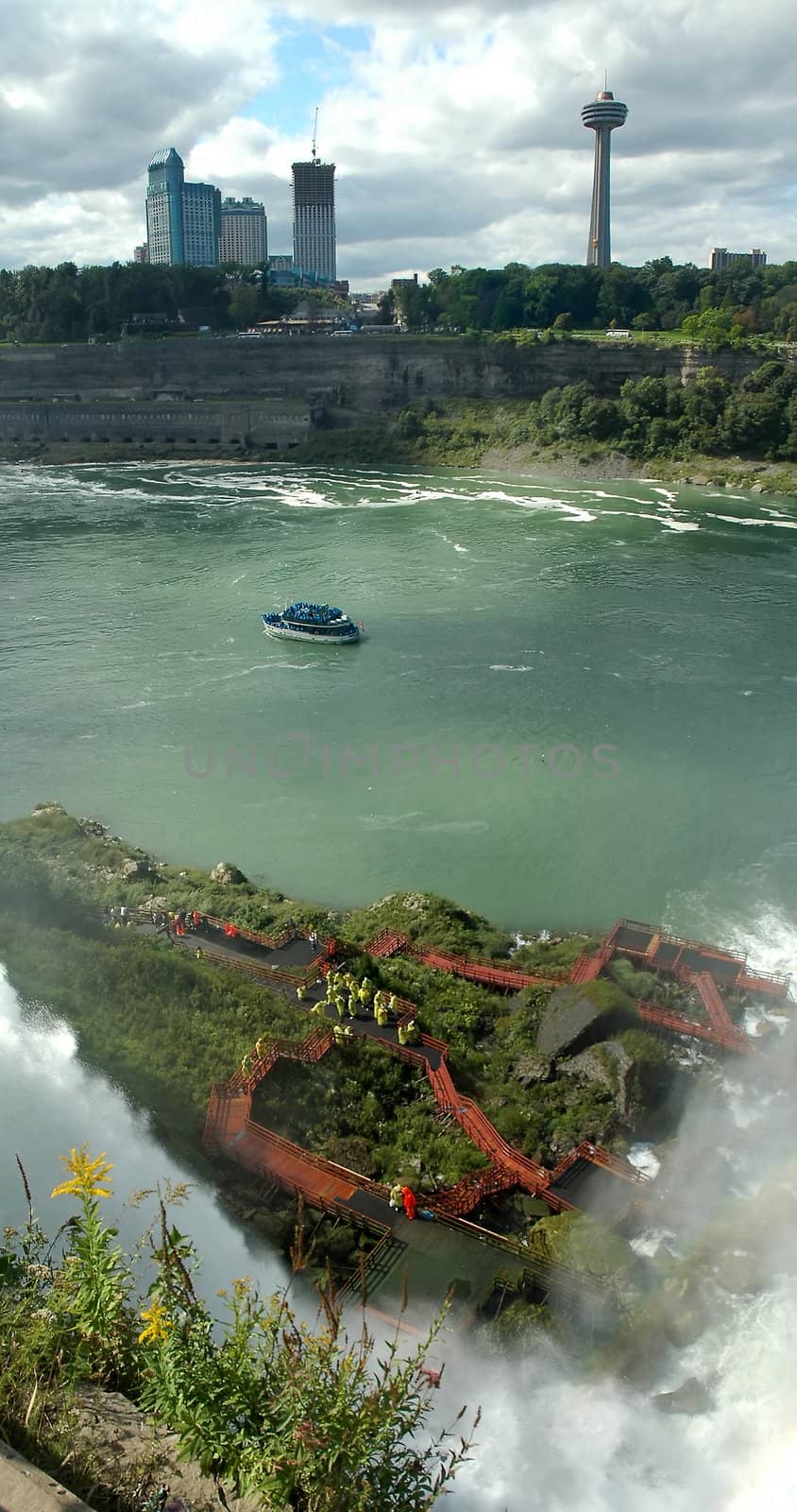 niagara falls, skylon tower and a boat, photo taken from american side