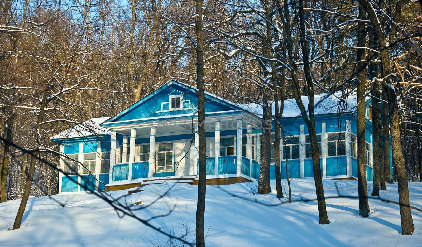 Wooden house with a pitched roof in the winter forest.