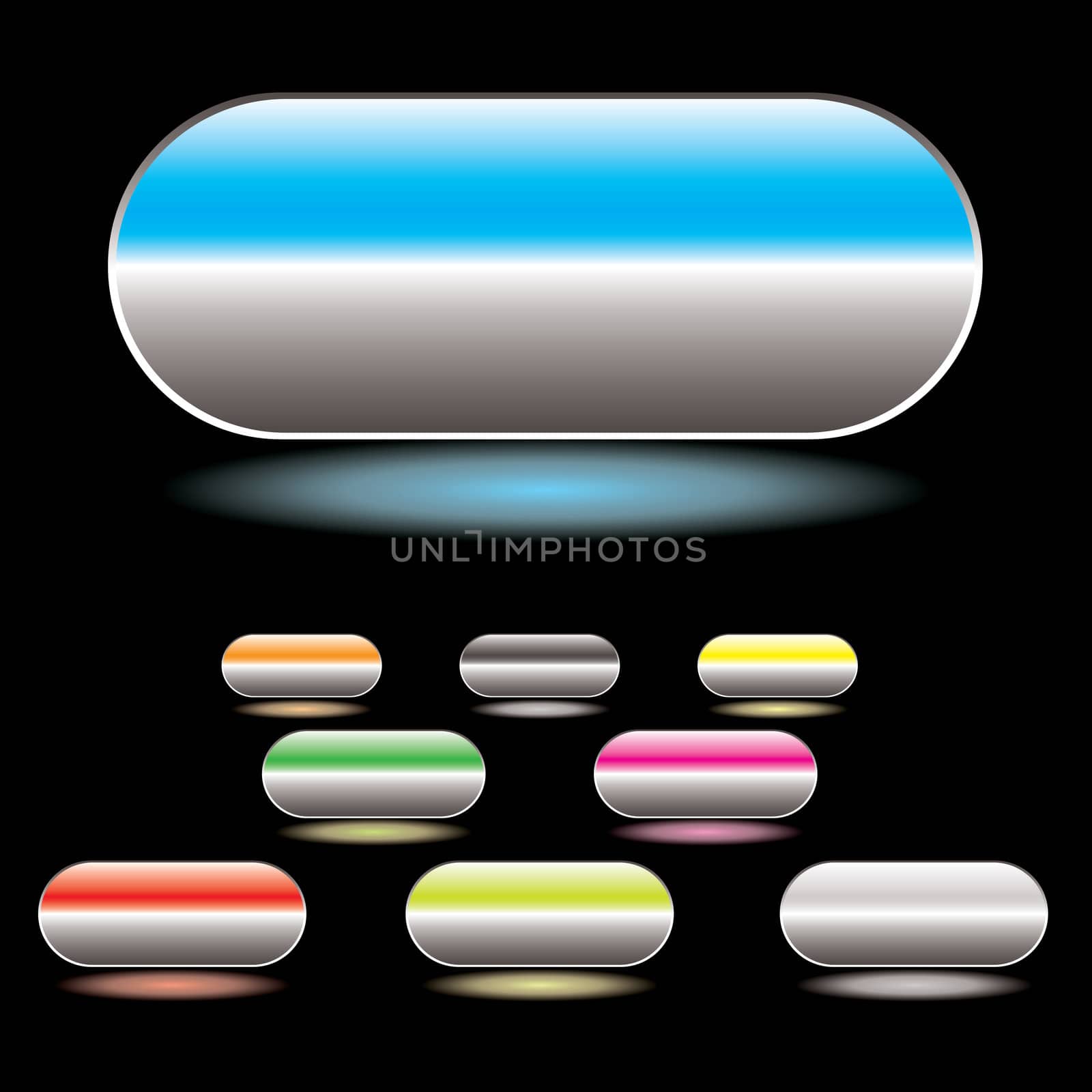 Collection of gel filled buttons with glowing drop shadow and black background