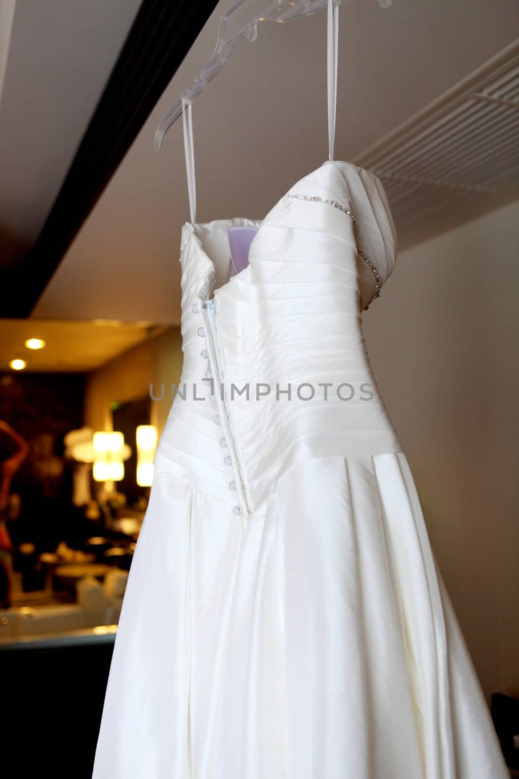 Beautiful white silk and satin wedding dress.