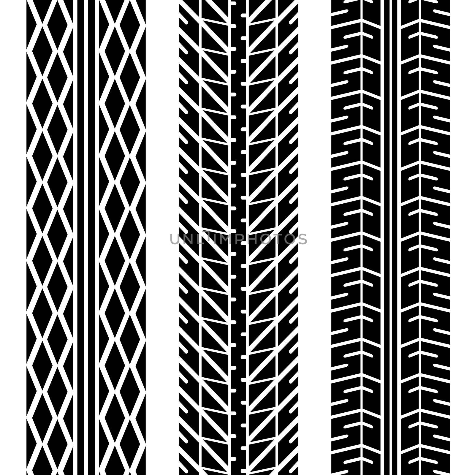 Three different tire tread patterns in black and white