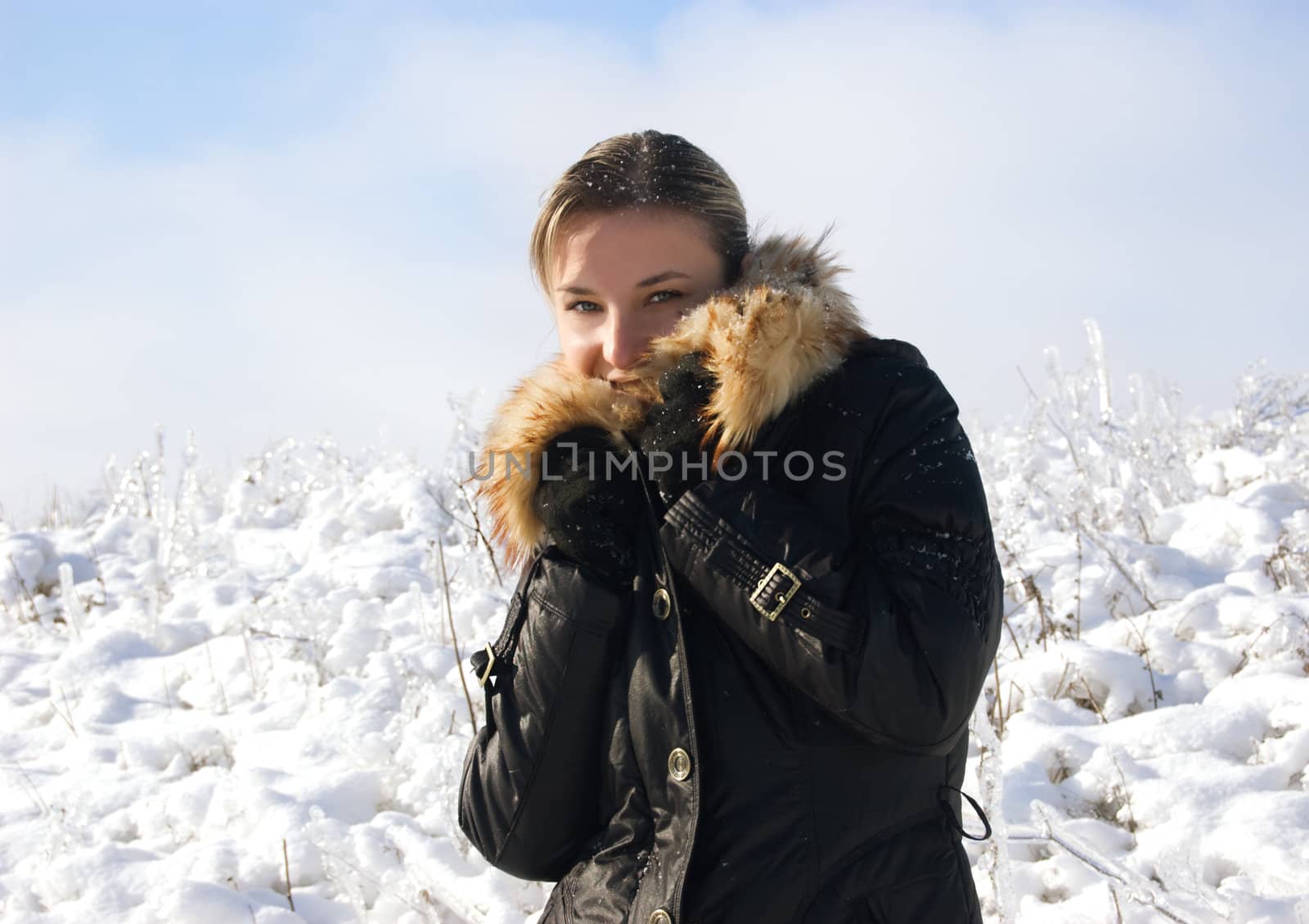 Pretty woman in fur over snowy background