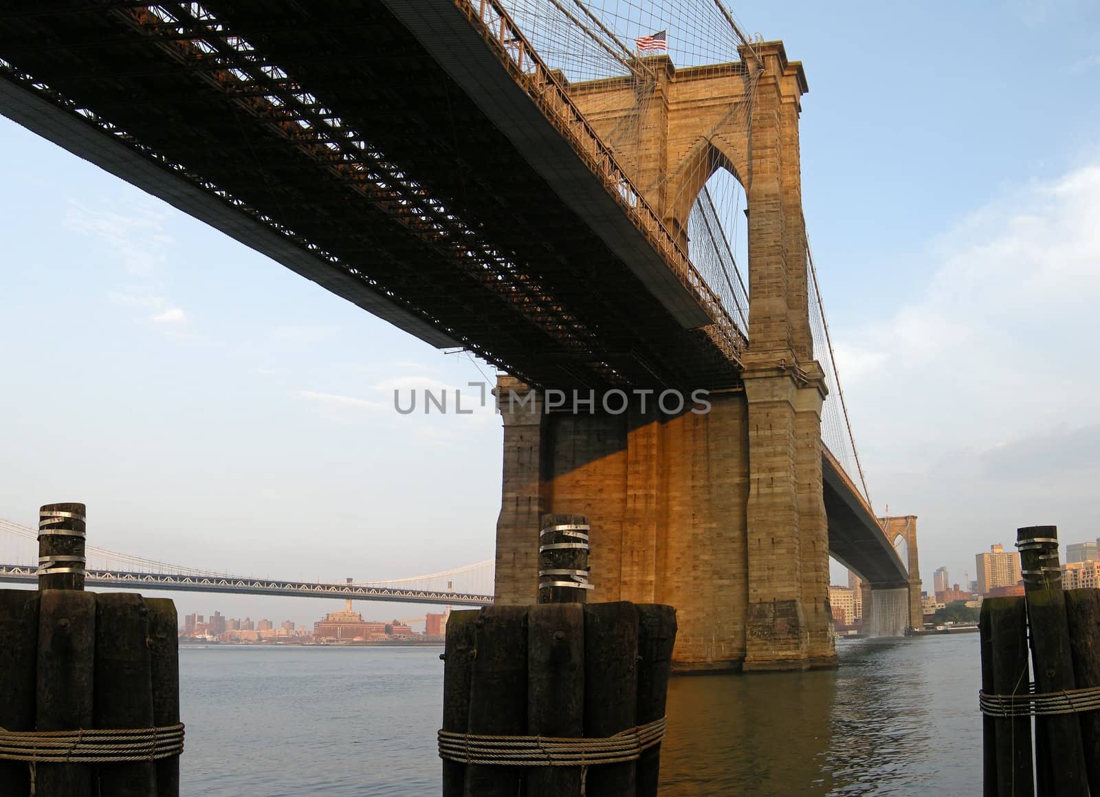brooklyn bridge in New York, Manhattan Bridge in background